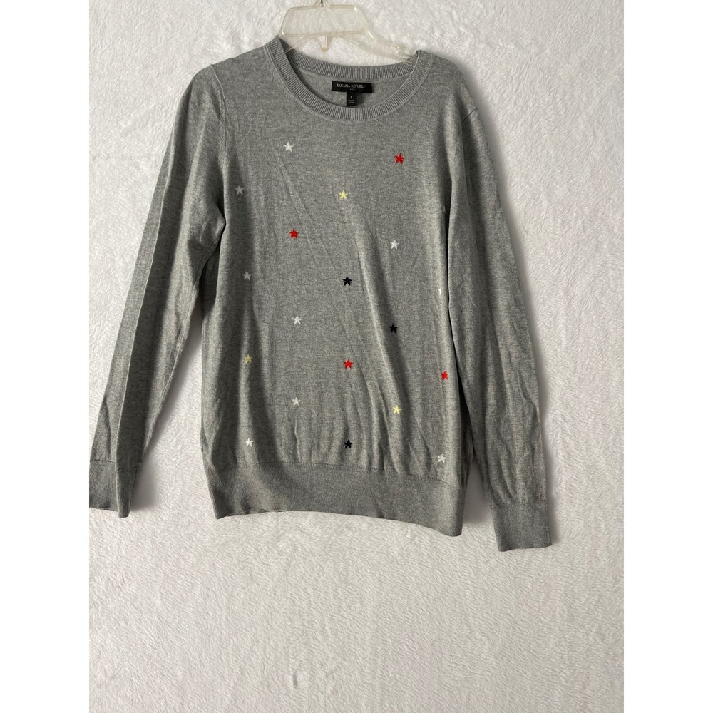 Banana Republic Womens Gray Embroidered Star 100% Cotton Crewneck Sweater Sz Sm